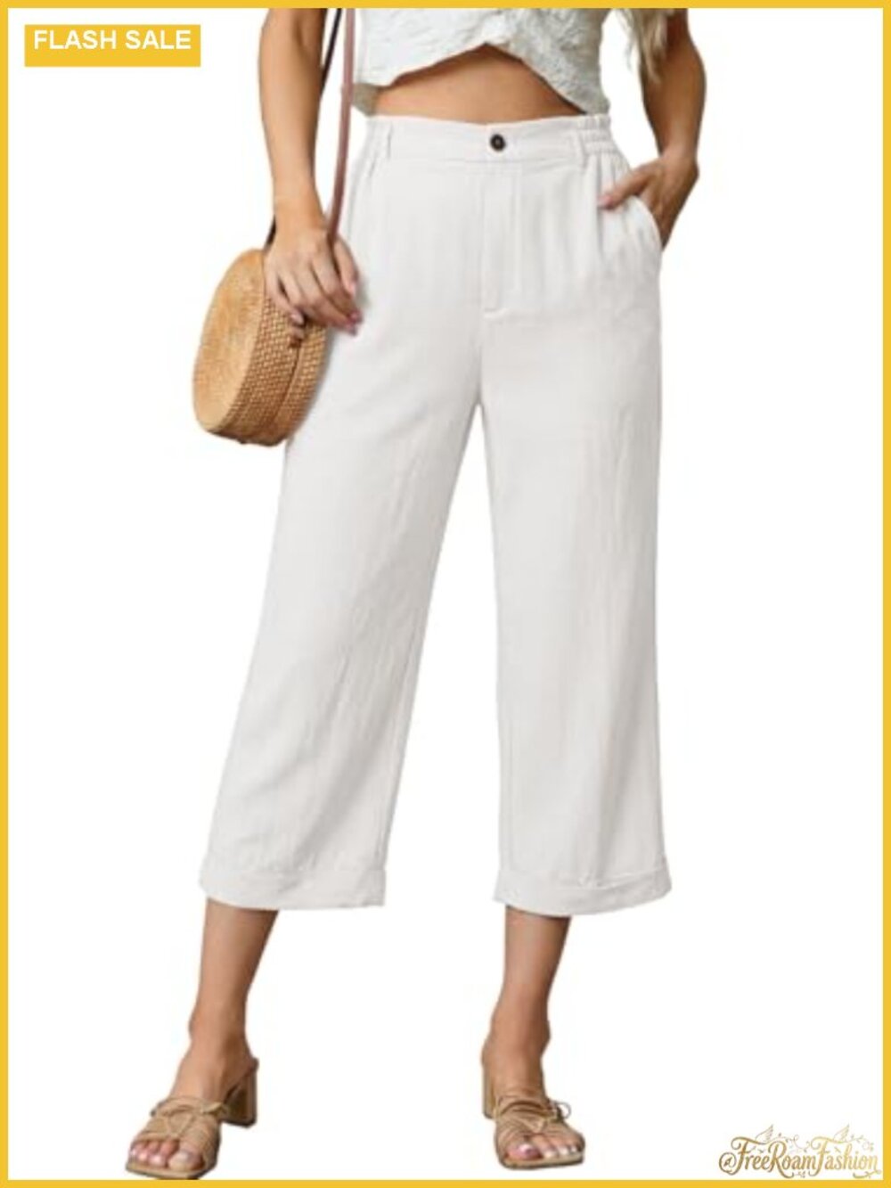 Cropped Wide Leg Linen Pants Elastic Drawstring Waist Summer Beach Capris